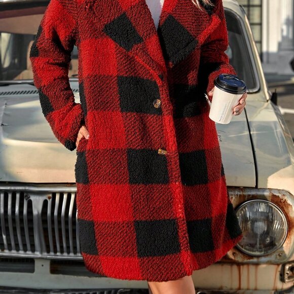 Red Preppy Womens Buffalo Plaid Print Lapel Neck Drop Shoulder Flannel… - Picture 3 of 5